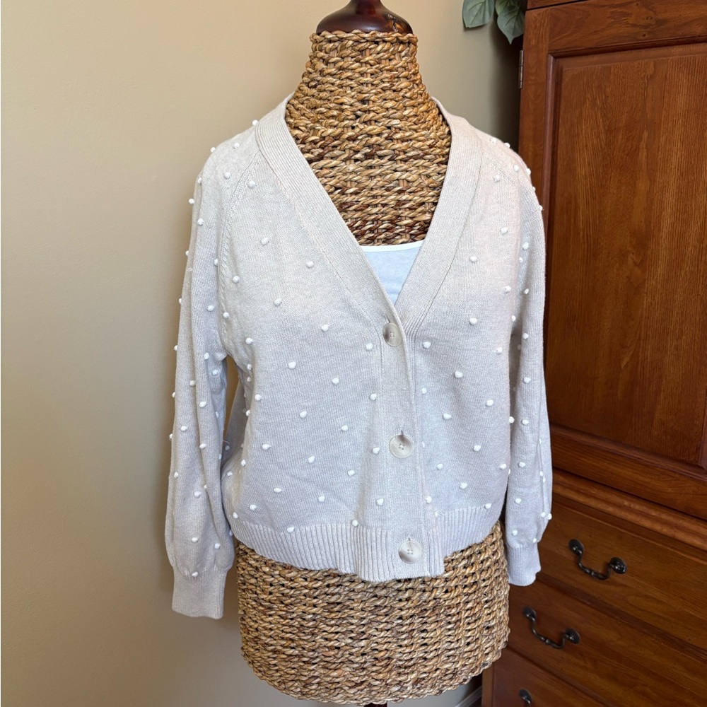 Loft cropped cotton bobble v-neck polka dot cardigan